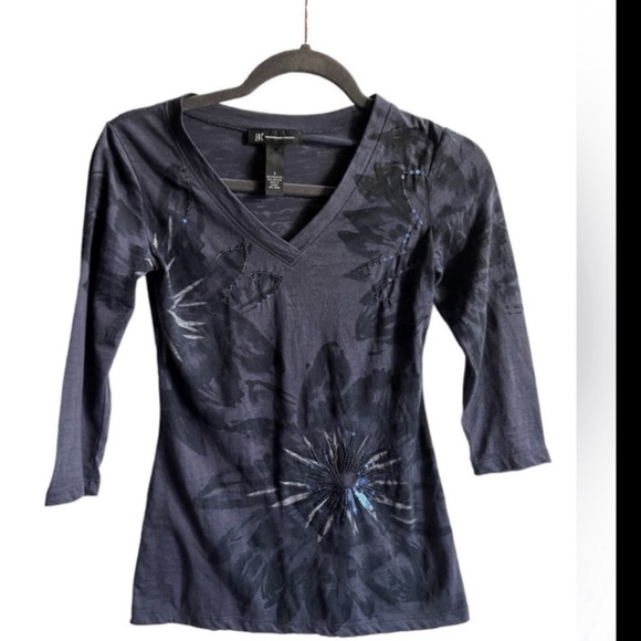 INC International Concepts Tops - INC International Concepts Blue Floral Sequin 3/4 length Sleeve Top SZ S Spring